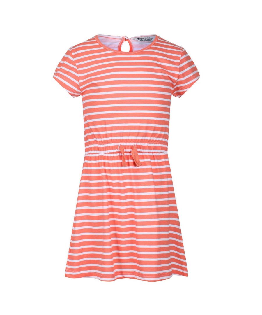 Material: 100% Organic Cotton. Design: Stripe. Fabric: Coolweave, Jersey. 155gsm. Fastening: Button. Neckline: Round Neck. Sleeve-Type: Short-Sleeved. Length: Above Knee. Back Style: Keyhole. Waistline: Elasticated, Internal Drawcord.