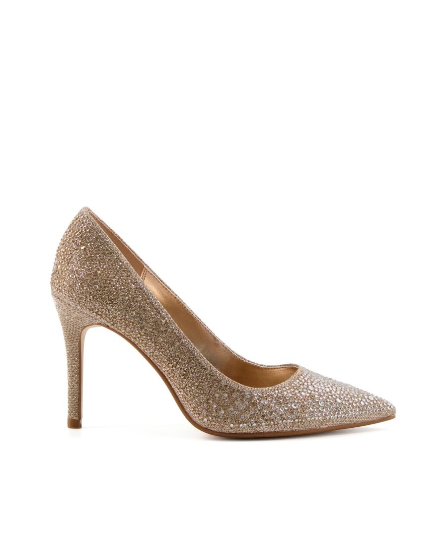 Be all that glitters in Dune's perfect occasion court shoe. Featuring a stiletto heel, elegant pointed toe and all over rhinestones. Pair it with a rhinestone embellished clutch bag for a stunning look.