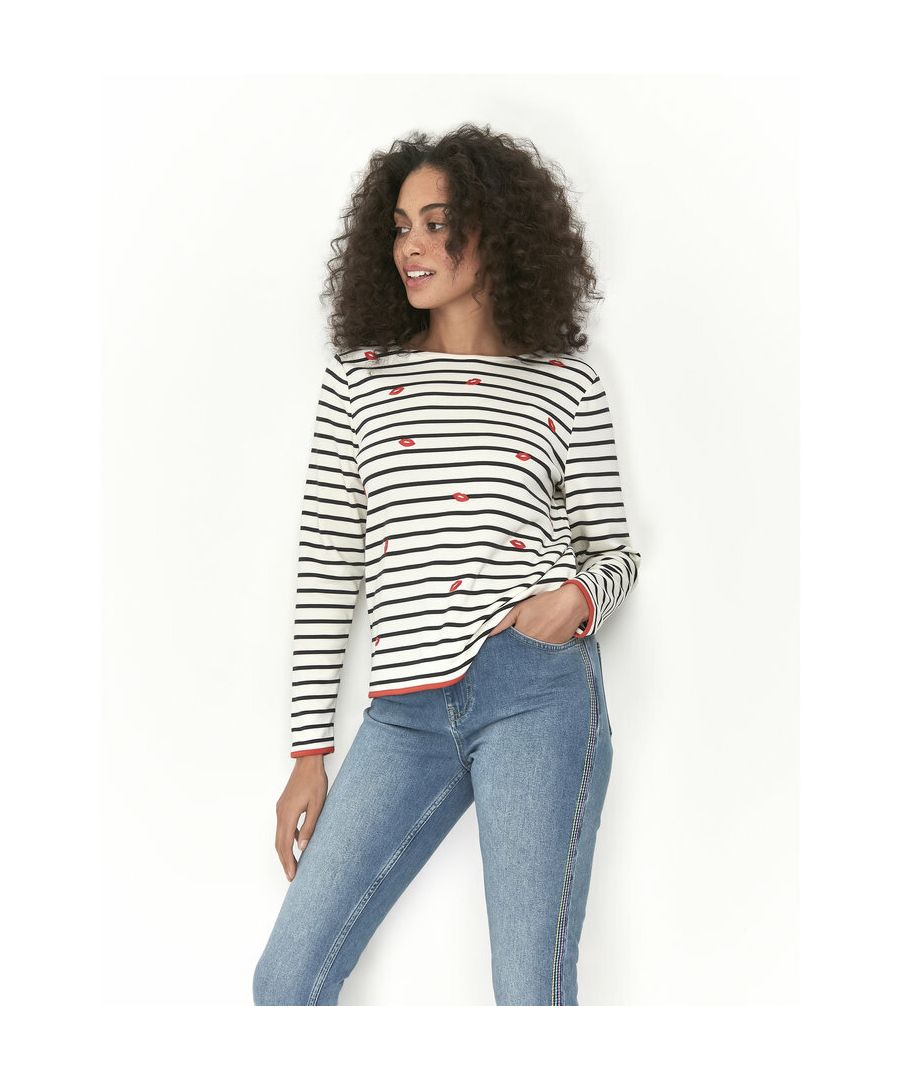 This striped top from Khost Clothing features long sleeves, a crew neckline and an eye-catching embroidered lips print.