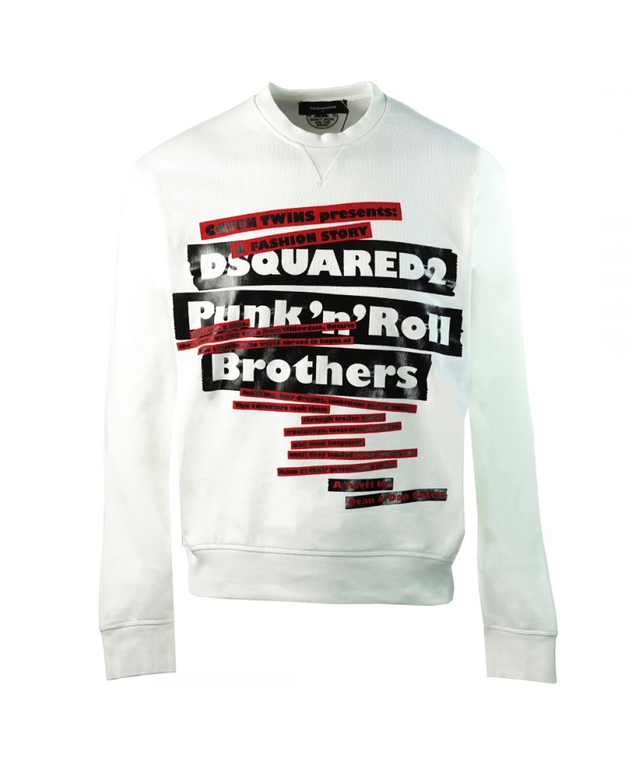 Dsquared2 Punk N Roll Logo White Sweater. Dsquared2 S74GU0311 S25305 100 Jumper. 100% Cotton. Crew Neck, Long Sleeves. Large Punk N Roll Logo Print. Elasticated Neck, Sleeve Ends and Bottom