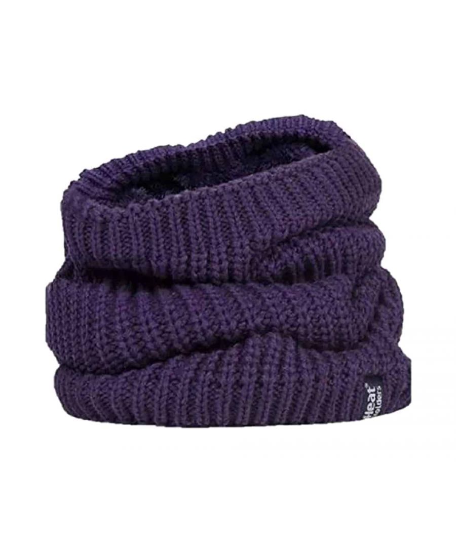 Heat Holders Ladies Chunky Knit Neck Warmer  Warmer than a scarf and less trouble too, have you considered a neck warmer as the accessory to keep your neck warm instead of a scarf. This ladies Heat Holders chunky knit neck warmer is delightfully soft and warm, guaranteeing to engulf you in cosiness and warmth when the cold winter weather hits.  The innovative Heat Weaver lining is the underlying secret as to why this neck warmer is so warm. It is a fur-like thermal lining that retains warm air designed to keep you warmer for longer. The advanced, high-performance Heat Holders insulating yarn built into this neck warmer also allows moisture to be wicked away from the neck warmer, especially helpful when you are trying to keep warm and dry on those wet miserable days.  This chunky knit neck warmer covers more of your body as opposed to a traditional one. It is perfect for keeping warmth in around your head, throat and upper chest areas.  These ladies chunky knit neck warmers are made from 100% acrylic on their outer and 100% polyester on their lining. They are available in 3 colours including black, purple and cream. They come in one size and they are machine washable.  Extra Product Details  - Heat Holders  - Ladies Chunky Knit Neck Warmer - Heat Weaver Lining - Rib Knit - Keep warm around your head, throat and upper chest areas. - Outer - 100% Acrylic, Lining - 100% Polyester - 3 Colours available  - One Size - Machine Washable