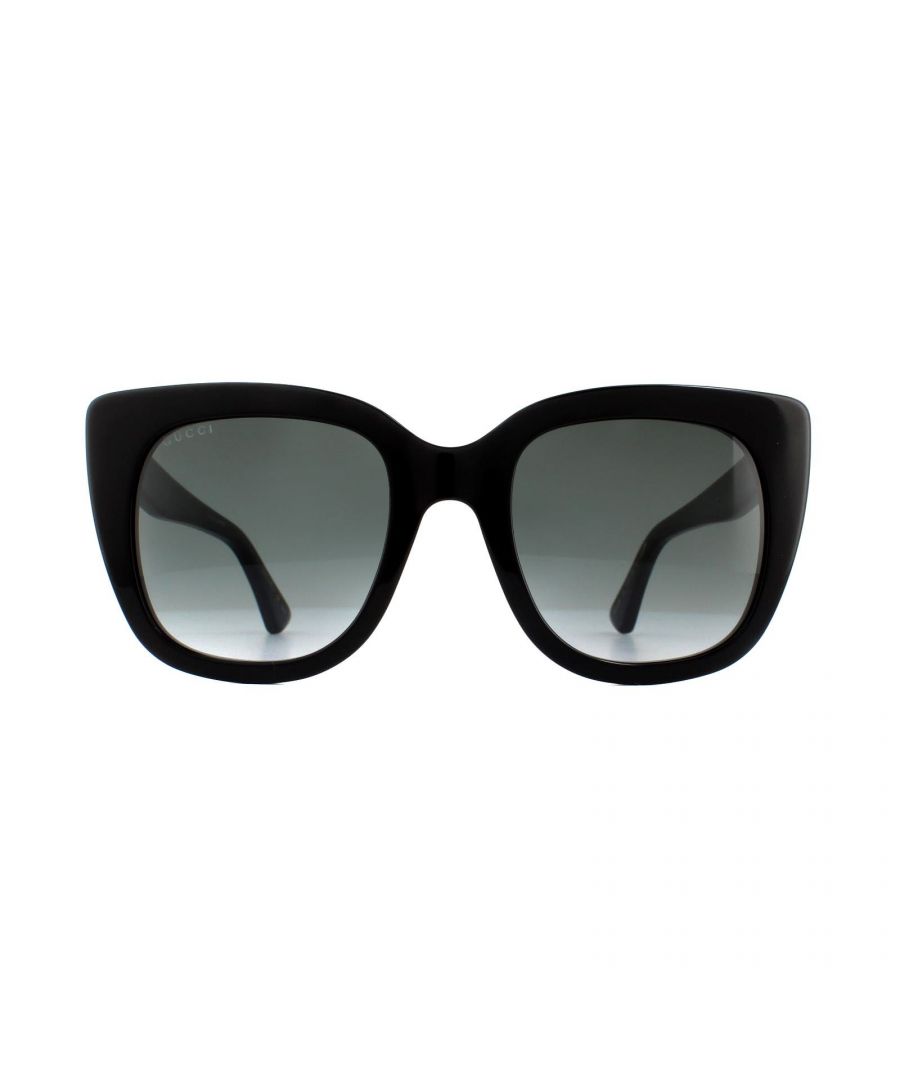 Gucci Sunglasses GG0163S 001 Black Grey Gradient are a sophisticated square cat eye style crafted from thick acetate. Temples feature the Gucci interlocking GG logo as well as the bumblebee motif at the temple tips.