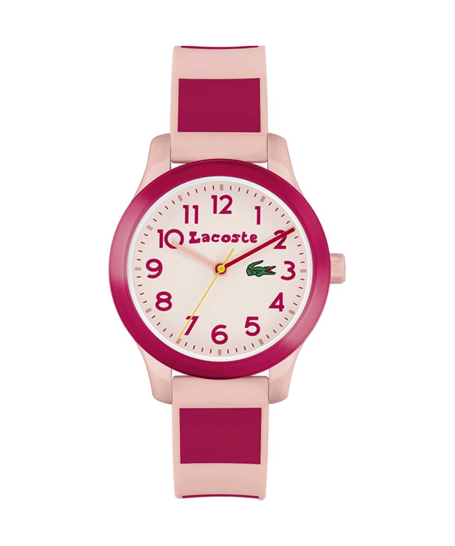 This Lacoste 12.12 Analogue Watch for Child is the perfect timepiece to wear or to gift. It's Pink 32 mm Round case combined with the comfortable Multicolour Plastic watch band will ensure you enjoy this stunning timepiece without any compromise. Operated by a high quality Quartz movement and water resistant to 5 bars, your watch will keep ticking. Classic and charming  watch perfect for every child who likes to be the centre of attention. High quality 19 cm length and 14 mm width Multicolour Plastic strap with a Buckle Case diameter: 32 mm,case thickness: 8 mm, case colour: Pink and dial colour: Pink