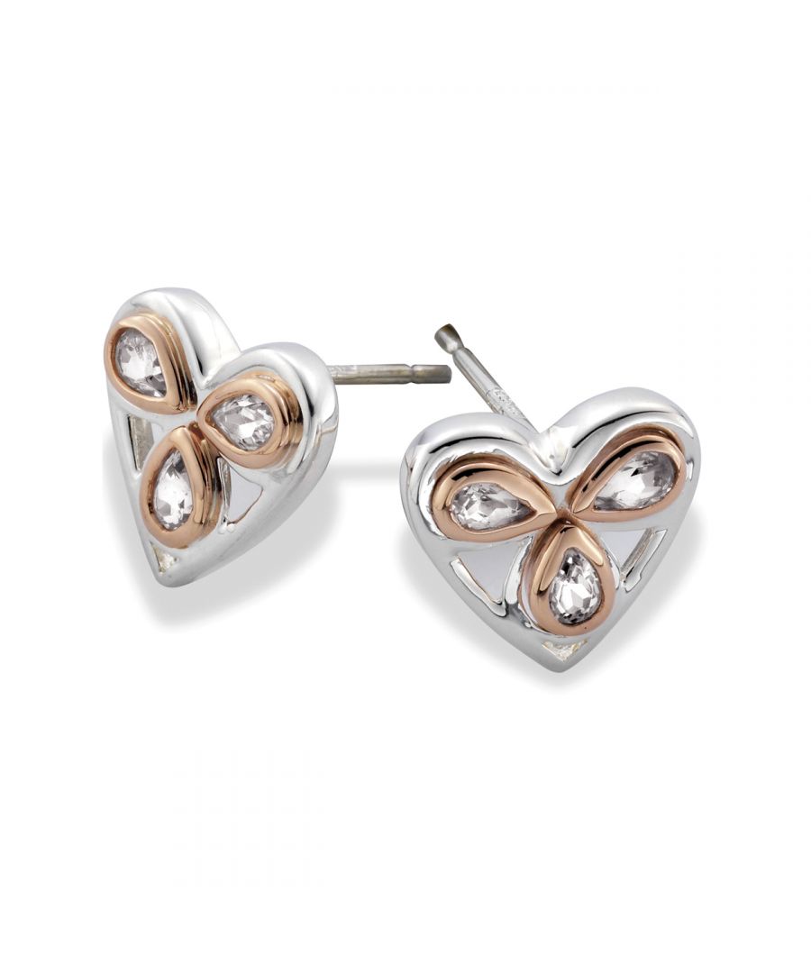 Celebrating Wales' three highest peaks - Snowdon (Yr Wyddfa), Garnedd Ugain and Carnedd Dafydd - the Heart of Wales earrings feature faceted, pear-shaped clear quartz stones set in a rose gold bezels. These shimmering gems sit perfectly within a silver heart motif. Here in Wales, the gold lies deep in the mountain alongside seams of granite quartz and copper. It is this elemental combination that is invoked in the magical Heart of Wales collection. With rare Welsh gold, the Heart of Wales earrings carry the unique Clogau and Welsh dragon marks and are delivered in a presentation box with a certificate of authenticity.