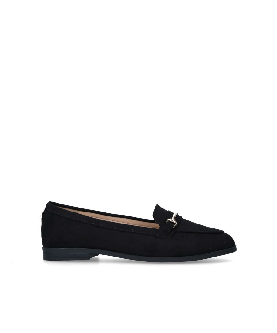 The Nellie flat shoe features a silver lock embellishment on the black suede upper.