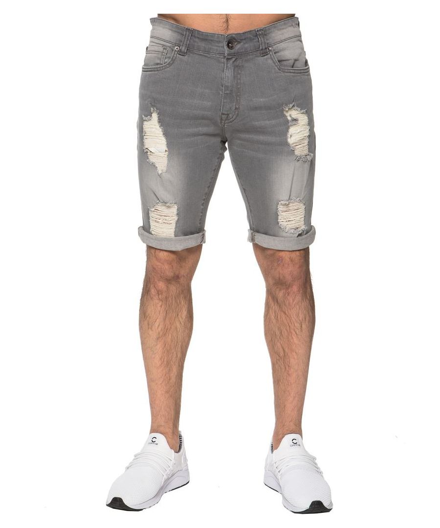Enzo / Kruze Mens Skinny stretch denim shorts In Grey, 99% Cotton, 1% Elastane, Super stretch skinny fit, 5 pockets with 1 coin pocket, Branded buttons and rivets, Zip Fly fastening, Machine washable, Ideal For Casual Occasions.