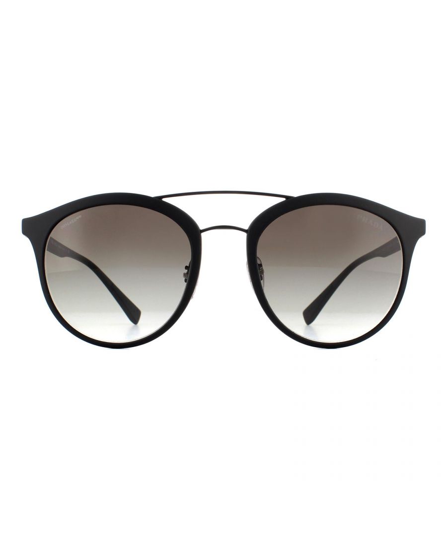 Prada Sport Sunglasses PS04RS DG00A7 Black Rubber Grey Gradient have a slim metal double bridge in a look that is very popular right now, especially when combined with the round Phantos lenses. Prada Linea Rossa redline adorns the temples for that unmistakeable Prada Sport look.