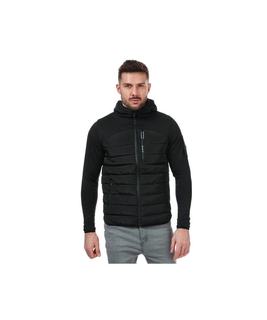 Mens Rascal Nutility Hybrid Jacket in black.- Fixed hood.- Full front zip fastening.- Two zip pockets.- Branded zip pocket to the chest.- Branded raised rubber logo to the sleeve.- Durable nylon fabric and padded with cosy fill for maximum warmth.- 100% Polyester.  Machine washable. - Ref: RCLTM10983