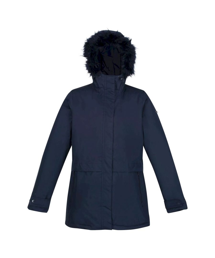 Material: 100% Polyester. Fabric: Hydrafort. Lining: Taffeta. Design: Badge. Fabric Technology: DWR Finish, Insulating, Quick Dry, Thermo-Guard, Waterproof, Windproof. Taped Seams. Cuff: Adjustable, Snap Fastening. Neckline: Hooded. Sleeve-Type: Long-Sleeved. Hood Features: Adjustable, Faux Fur Trim, Grown On Hood. Pockets: 2 Side Pockets, Zip, 1 Chest Pocket, Inner. Fastening: Zip.