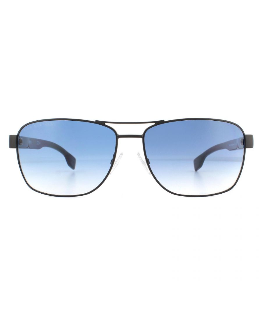 Hugo Boss Sunglasses BOSS 1240/S 003/08 Matte Black Blue Gradient are a rectangular style with a metal frame front and flat plastic temples. Temples feature a textured section with metal text Hugo Boss logo.
