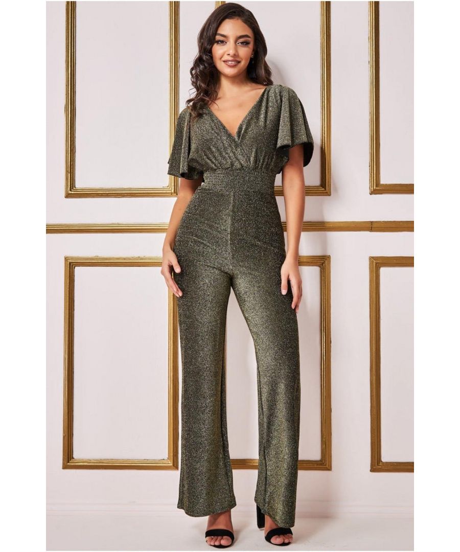Wrap yourself in this gorgeous lurex jumpsuit by Goddiva and achieve a sensational look that is perfect for formal occasions and evening parties. The wrap style neckline makes you feel like a modern-day Cleopatra, while the lurex material sparkles at you to get noticed by all! This gold jumpsuit features a sparkling lurex material with flutter sleeves, a wide leg pant and flattering high neckline, making it a perfect choice for date nights, wedding guests, nights out with friends and any other evening occasion. Wear it with heels or flats, either way you'll slay the night!