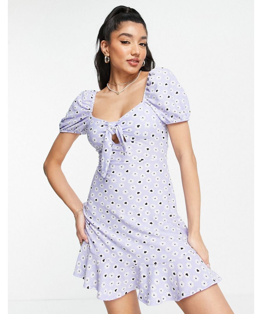 Mini dress by Miss Selfridge The scroll is over All-over heart and floral print V-neck Short sleeves Tie and cut-out detail to front Regular fit Sold by Asos