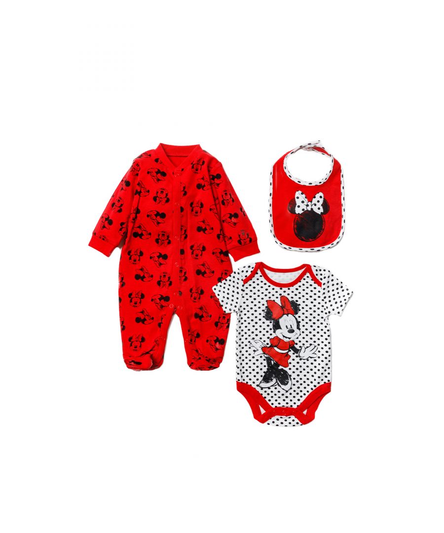 This adorable Disney Baby three-piece set features a classic Minnie Mouse print. The set includes an all-over, spotted print bodysuit, a footed sleepsuit and a matching bib! Each item in the set is cotton with popper fastenings, keeping your little one comfortable. This would be a lovely baby shower gift for the little one in your life!