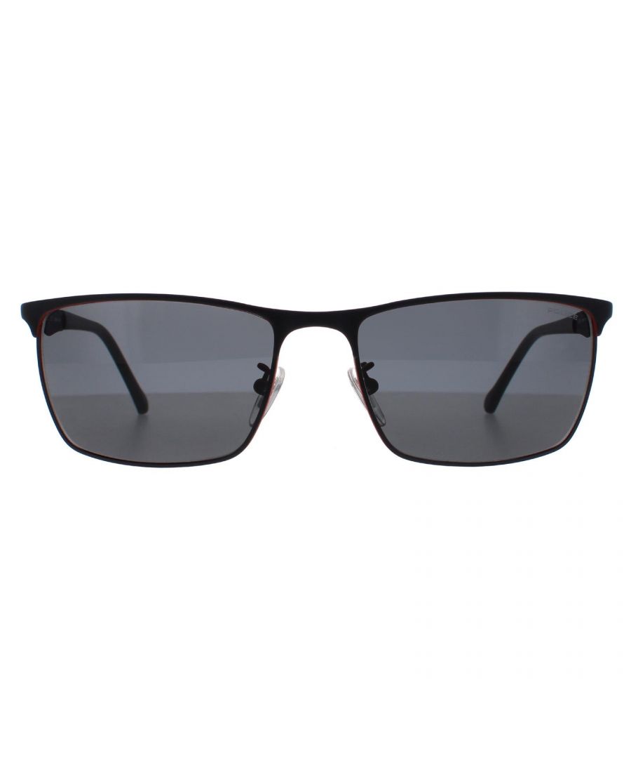 Police Rectangle Mens Matte Black Red Grey S8969 Razor 4  Sunglasses with gothic P Police emblem on the temples and Police logo on the left lens. Adjustable nose pads help make them comfortable and a smooth finish completes the stylish look.