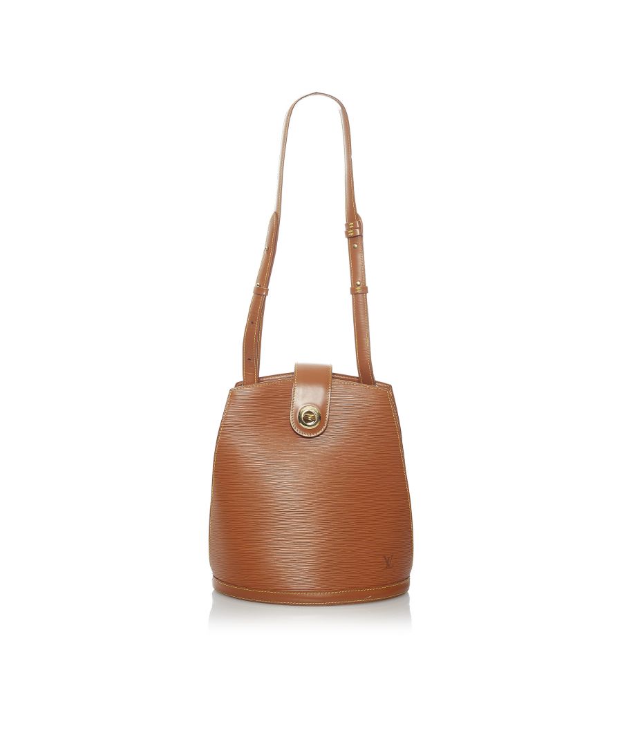 VINTAGE. RRP AS NEW. The Cluny features an epi leather body, an adjustable shoulder strap, a top strap with a twist lock closure, and an interior slip pocket.Exterior back is out of shape, scratched and stained. Exterior bottom is scratched and stained. Exterior front is out of shape, scratched and stained. Exterior handle is out of shape and scratched. Exterior side is out of shape, scratched and stained. Buckle is scratched. Lock is scratched. Screw is scratched. Interior lining is stained.\n\nDimensions:\nLength 28cm\nWidth 24cm\nDepth 15.5cm\nShoulder Drop 35cm\n\nOriginal Accessories: This item has no other original accessories.\n\nSerial Number: CA 0248\nColor: Brown\nMaterial: Leather x Epi Leather\nCountry of Origin: Spain\nBoutique Reference: SSU153001K1342\n\n\nProduct Rating: GoodCondition\n\nCertificate of Authenticity is available upon request with no extra fee required. Please contact our customer service team.