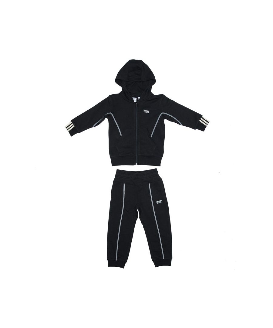 Baby adidas Originals R.Y.V. Zip Hoody Set in black.- Jacket:- Lined hood.- Full zip fastening.- Long sleeves.- Kangaroo pocket.- Visible stitching  timeless styling  and an imposing logo.- Main material: 70% Cotton  30% Polyester (Recycled). Rib Part: 95% Cotton  5% Elastane. Hood Lining: 100% Cotton.  Machine washable. - Pants: - Elastic waistband with drawstring adjustment on the pants.- Side pockets.- Standard fit.- Main material: 70% Cotton  30% Polyester (Recycled). Rib Part: 95% Cotton  5% Elastane. Machine washable. - Ref: GE0674B
