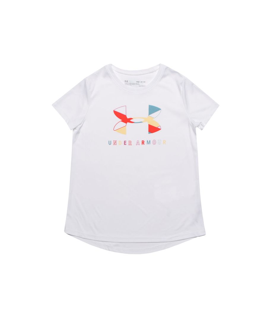 Junior Girls Under Armour UA Tech Big Logo T-Shirt in white.<BR><BR>- HeatGear® helps you regulate your body temperature to keep you cool  dry and light.<BR>- Ultra soft UA Tech™ fabric is quick drying and has a more natural feel.<BR>- Ribbed crew neck.<BR>- Short sleeves.<BR>- Under Armour graphic logo printed to chest.<BR>- Under Armour logo at back neck.<BR>- Loose fit: Fuller cut for complete comfort.<BR>- 100% Polyester.  Machine washable.<BR>- Ref: 1351636-102