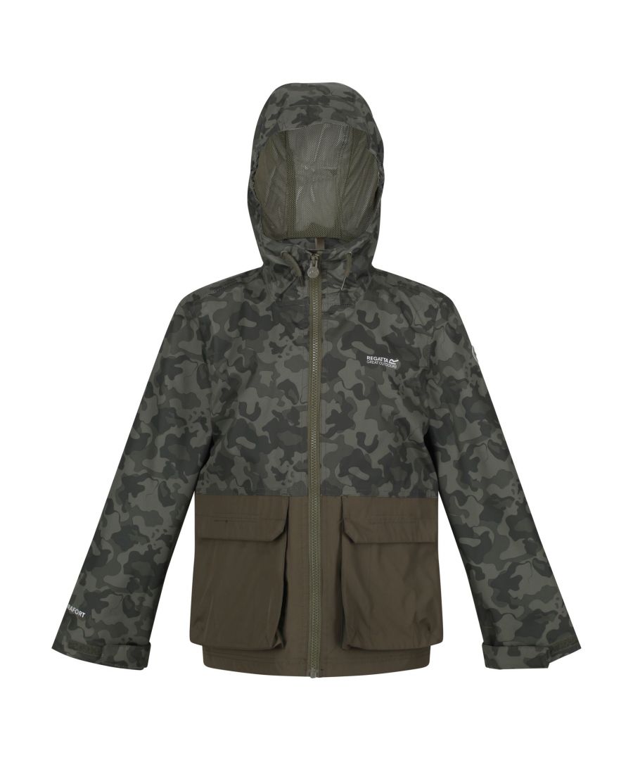 Material: 100% Polyester. Fabric: Hydrafort. Lining: Mesh, Taffeta. Design: Camo, Logo. Badge, Name Label, Taped Seams. Fabric Technology: DWR Finish, Waterproof, Windproof. Cuff: Adjustable Wrist Strap. Neckline: Hooded. Sleeve-Type: Long-Sleeved. Hood Features: Drawcord, Elasticated, Grown On Hood. Pockets: 2 Patch Pockets. Fastening: Full Zip.