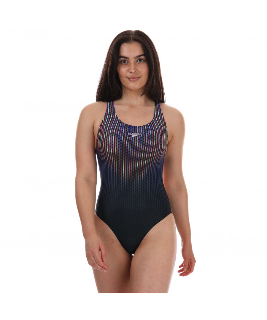 Womens Speedo Digital Placement Powerback Swimsuit in black - pink.- Open back and narrow straps.- Powerback - Aids shoulder movement and flexibility.- 100% Chlorine resistance - For long lasting performance  & colours that stay brighter for longer.- Speedo branding.- Quick dry - Dries faster after swimming.- Body: 53% Polyester  47% PBT Polyester.- 806187G470Please note that returns will only be accepted if the hygiene label is still attached to the product.
