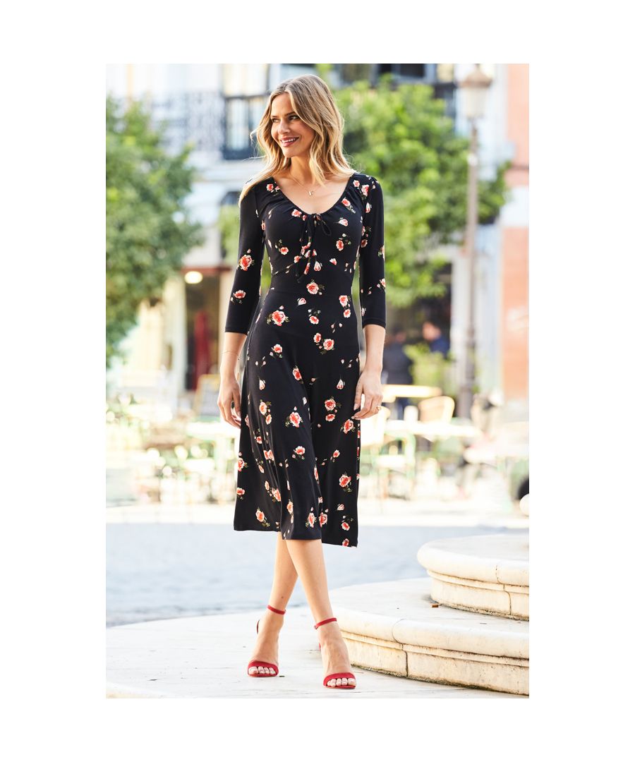 REASONS TO BUY: \n\nIt's always floral dress season\nSoft jersey fabric for style and comfort\nUltra-flattering ruched neck and empire line\nFloral print you can wear year-round\nTake it out-out with strappy heels\nDress it down with trainers and a denim jacket