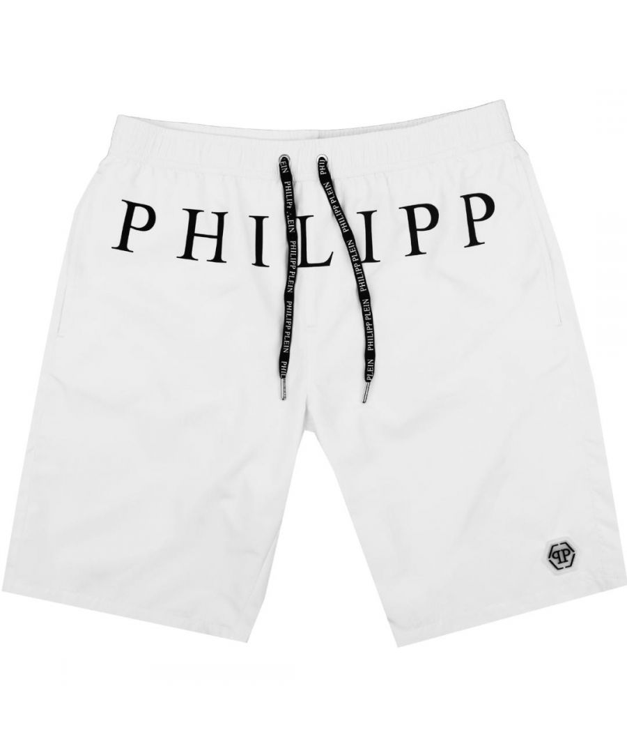 Philipp Plein Black Brand Logo White Swim Shorts. Philipp Plein Black Brand Logo White Swim Shorts. Elasticated Waistband. Branded Drawstring Fasten. Long Boardshort Style. Product Code - CUPP04 L0101