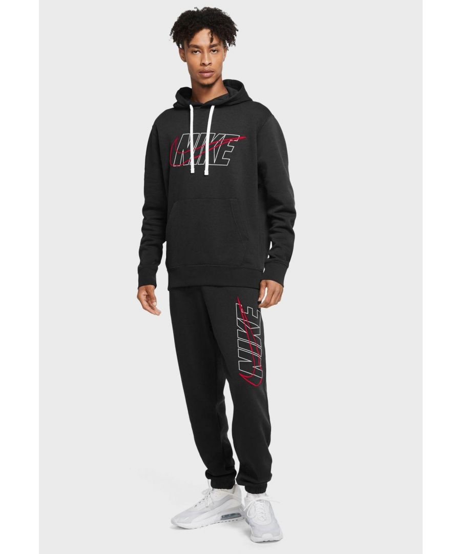 Nike Mens Club Tracksuit Set In Black.   \nDrawstring Hoodie With Pouch Pocket.  \nOverhead Design.  \nNike Logo Print and Swoosh Embroidery on the Left Leg.  \nFitted Trims.  \nElasticated Waist Matching Joggers.   \nSide Pockets, Fitted Cuffs.