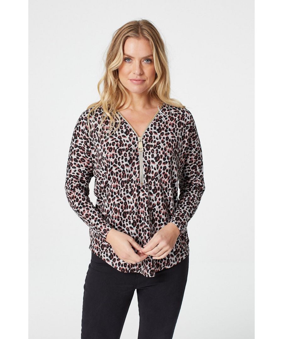 Image for Animal Print Zip Front Long Sleeve Top
