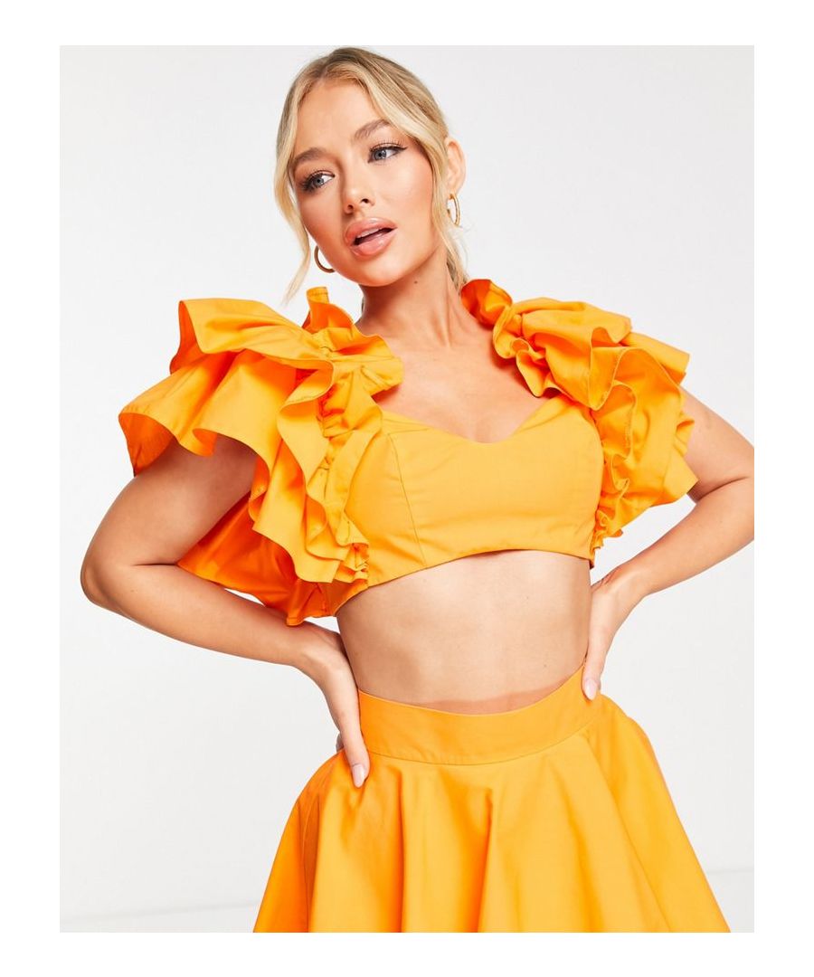 Top by ASOS LUXE Part of a co-ord set Skirt sold separately Ruffle sleeves Tie back Cropped length Slim fit Sold by Asos