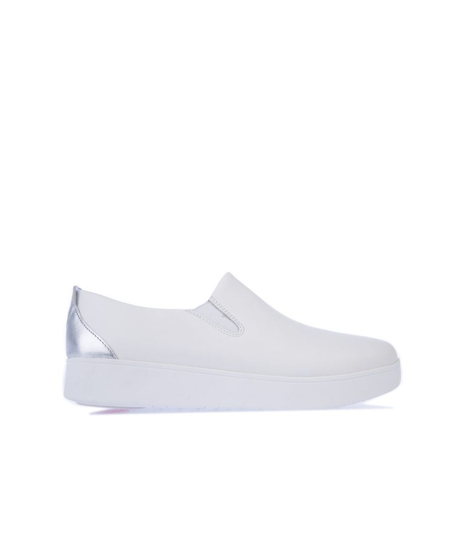 Womens Fit Flop Rally Metallic Backtab Slip- On Trainers in white silver.- Leather upper.- Slip on fastening.- Anatomicush™ midsoles. - Shiny  silver-metallic leather back tab.- Superlight flexible cushioning.- Lightweight  hardwearing  slip-resistant rubber pods front and back.- Leather upper  Synthetic lining and sole. - Ref: EL5610