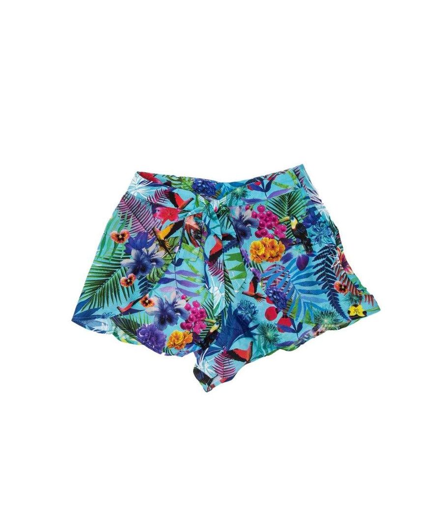 Brand: Desigual\nGender: Women\nType: Shorts\nSeason: Spring/Summer\n\nPRODUCT DETAIL\n• Color: turquoise\n• Pattern: floral\n\nCOMPOSITION AND MATERIAL\n• Composition: -100% viscose