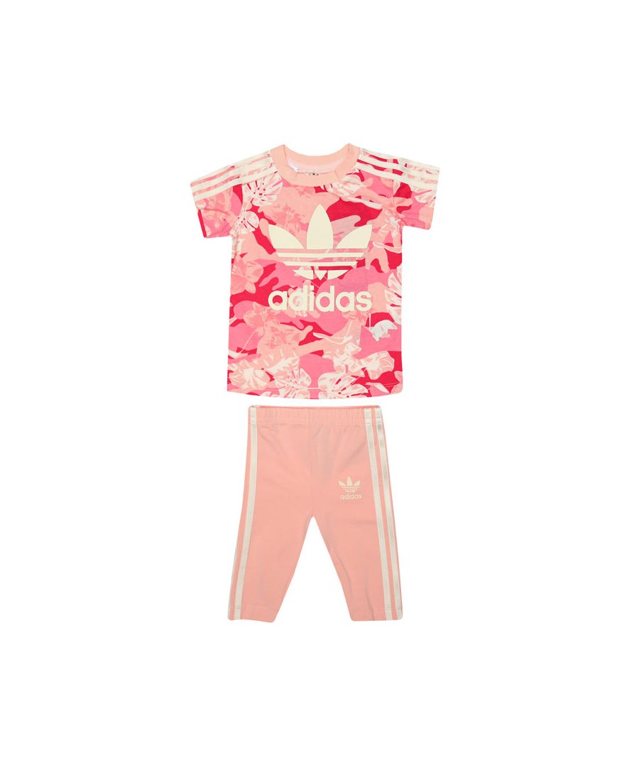 Infant Girls adidas Originals Tee Dress Set in pink.- T- Shirt:- Ribbed crewneck.- Short sleeves.- Allover floral print on dress.- Regular fit.- Main Material: 100% Cotton. Machine washable.- Pants: - Elastic waist.- 3- Stripes.- Regular fit.- Main Material: 92% Cotton  8% Elastane. Machine washable.- Ref: GD2890I