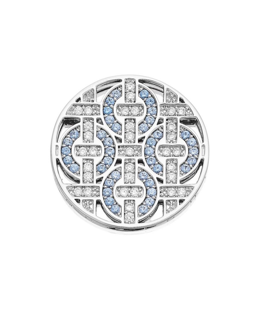 Telaio, or frame, with circles, horizontal and vertical lines, all set with pale blue and white crystals, a larger 33mm coin for your choice of Emozioni coin keeper and Emozioni chain. Metal Type: Silver Plated Gem Type 2: Coloured CZ