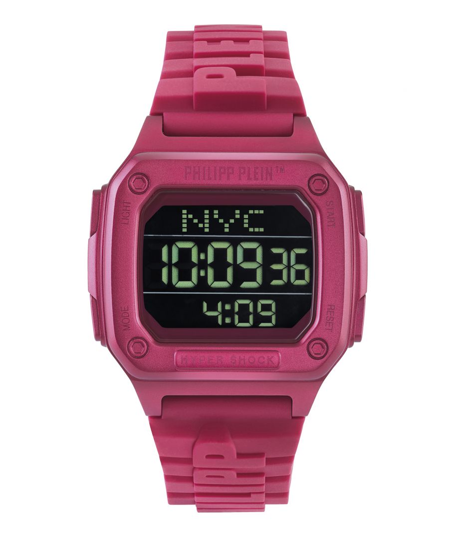 This Philipp Plein Hyper $hock Digital Watch for Women is the perfect timepiece to wear or to gift. It's Pink  Rectangular case combined with the comfortable Pink Silicone watch band will ensure you enjoy this stunning timepiece without any compromise. Operated by a high quality Quartz movement and water resistant to 5 bars, your watch will keep ticking. This watch has an embossed lettering details on the strap, the name of the timepiece applied on the top ring and the richness of branded content can be perceived everywhere. -The watch has a calendar function: Day-Date, Stop Watch, Timer, Alarm, Light High quality 19 cm length and 22 mm width Pink Silicone strap with a Buckle Case Measurement: 40x44 mm,case thickness: 12 mm, case colour: Pink and dial colour: Black