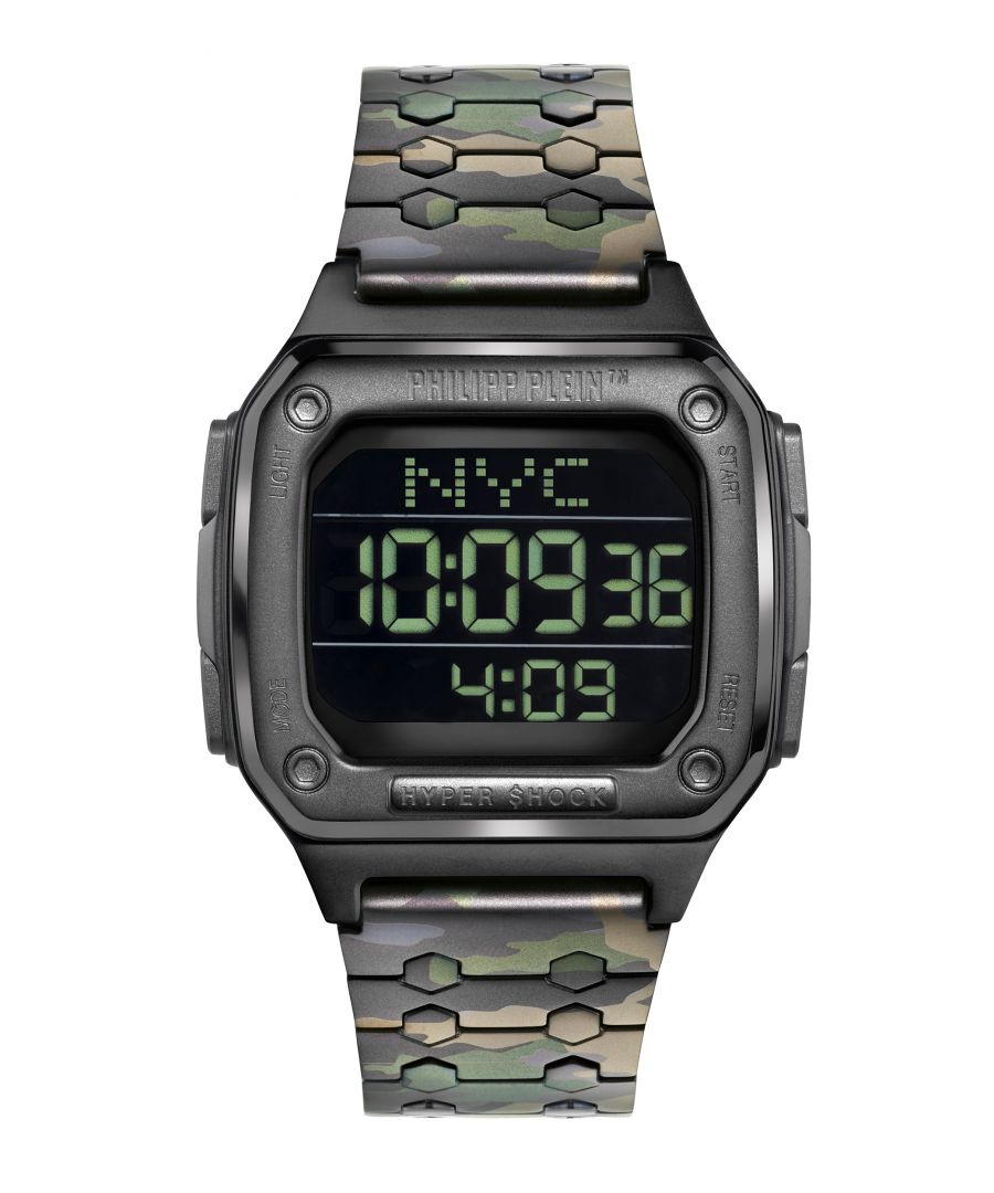 This Philipp Plein Hyper $hock Digital Watch for Men is the perfect timepiece to wear or to gift. It's Gun  Rectangular case combined with the comfortable Green Stainless steel watch band will ensure you enjoy this stunning timepiece without any compromise. Operated by a high quality Quartz movement and water resistant to 5 bars, your watch will keep ticking. This casual and modern watch is perfect for all kind of casual activities, indoor activities or daily use, it's also a great gift for family and friend.  -The watch has a calendar function: Day-Date, Stop Watch, Timer, Alarm, Light High quality 21 cm length and 22 mm width Green Stainless steel strap with a Fold over with push button clasp Case Measurement: 40x44 mm,case thickness: 12 mm, case colour: Gun and dial colour: Black