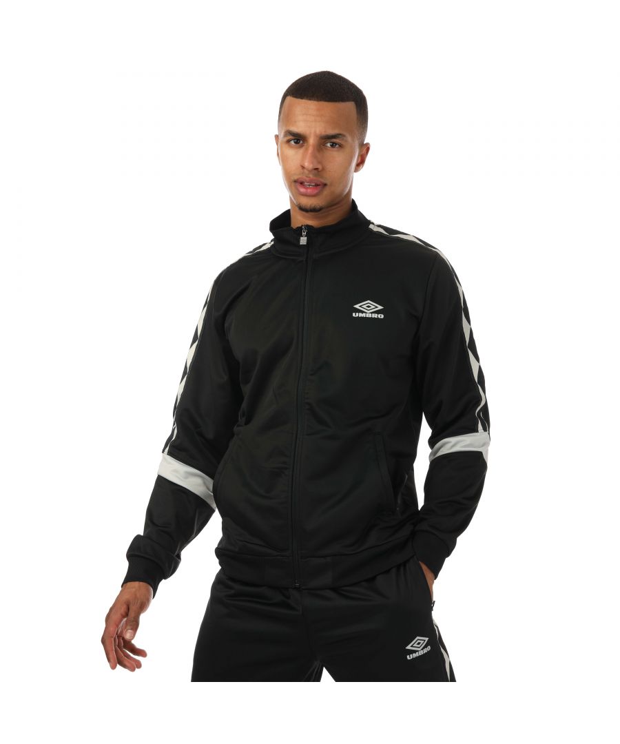 Mens Umbro Diamond Taped Tricot Track Top in black.- Stand up collar.- Two zipped pockets.- Full zip fastening. - Branded metal zip puller.- Lifestyle diamond tape running down arms & shoulders.- Contrast inserts panels to sleeves.- Transfer lifestyle logo to front chest.- Ribbed hem and cuffs.- Regular fit.- Body: 100% Polyester. Rib: 95 Polyester  5% Elastane.- Ref: UMJM0644OG2BLK