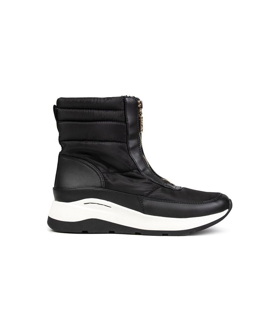 Women's Black Dkny Marlo Zip-up Ankle Boots With Padded Nylon Upper Featuring Gold Branded Front Zip, And White Logo Heel Tab. These Ladies' Durable Snow Boots Are Pu Lined, With A Chunky Black And White Rubber Sole.