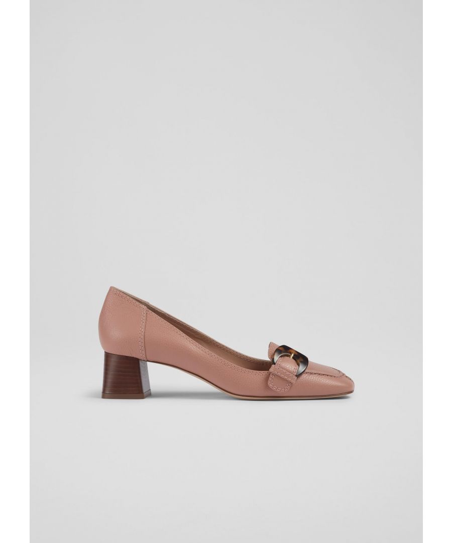 The Felicia heeled loafers pay homage to the preppy elegance of the 1960s. Crafted in Italy from beautiful rose pink grainy leather, they have a squared-off toe, a stylish tortoiseshell effect Perspex buckle, top stitch detail and a softly-squared, stacked block heel. Wear them with a wide leg pair of trousers or a mini skirt.