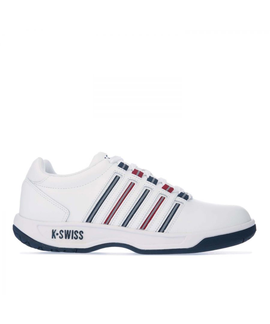 Mens K- Swiss Court Pacoima Trainers in white.-Leather upper.- Lace closure.- Padded tongue.- K Swiss branding.- K Swiss stripes down the side.- Textile collar lining.- IMEVA outsole.- Rubber outsole.- Leather upper  Textile lining  Synthetic sole.- Ref: 06151142