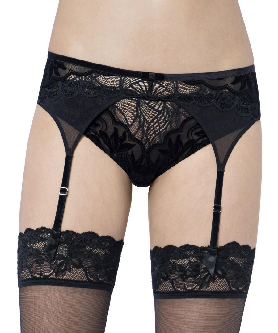 Fun and flirty! Add that little extra something sexy to your lingerie drawer with this all new stunning suspender belt from the Velvet Spotlight range by Triumph!\n\nSexy and unique feminine design\nSheer styling for a truly sensational look\nDecorative accents\nSecures at the rear with hook and eye fastening\nComfortable waistband\nSuspends stocking with style\nListed in UK sizes
