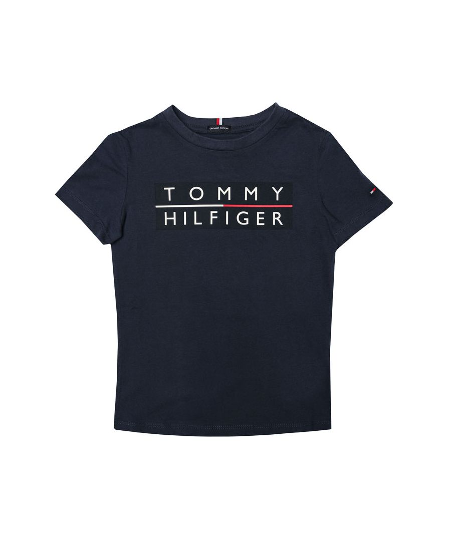 Junior Boys Tommy Hilfiger Organic Cotton Statement Logo T- Shirt in navy.- Crew neck.- Short sleeves.- Tommy Hilfiger logo on front.- Tommy Hilfiger branding.- Tommy Hilfiger flag embroidery at cuff.- Pure organic cotton peached jersey.- 100% Cotton. Machine washable. - Ref: KB0KB06675C87J
