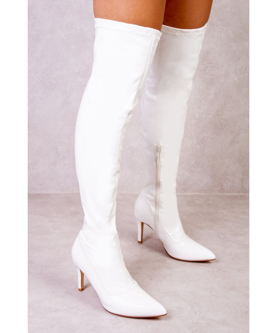 This boot is a must-have for those who want to make a statement. These over-the-knee boots will help you feel confident and sexy as you walk down the street. Its beautiful color and stiletto heels make this boot easy to pair with any outfit. No matter what you're doing, this boot will make people stop and stare!\n\nHeel Height: 4.5' (11 cm) Approx
