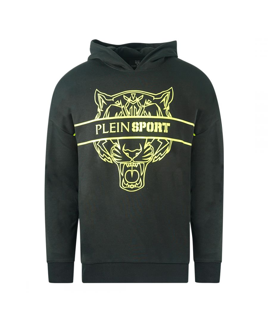 Plein Sport Tijger Stencil Logo Zwarte Hoodie. Philipp Plein sport zwarte hoodie. 51% katoen 49% polyester. Grote Plein-branding op de voorkant. Badges met Plein-merk. Stijlcode: FIPS218 99