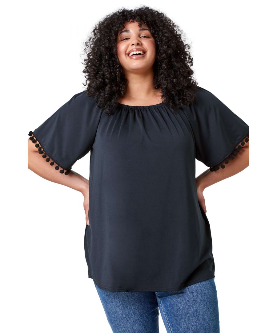 Roman Curve Womens Pom Pom Trim Stretch Bardot Top - Black - Size 20 UK