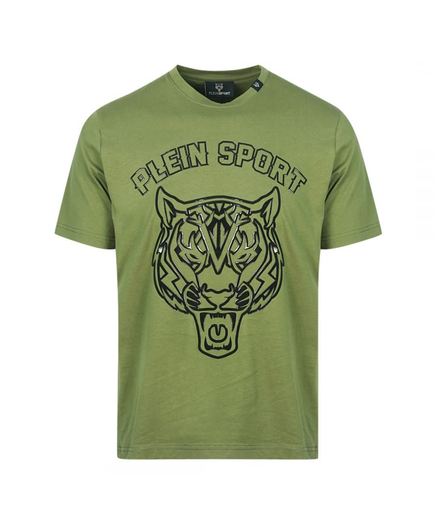Philipp Plein Sport Tiger Head Logo groen T-shirt. Philipp Plein sportgroen T-shirt. 100% katoen. Plein-logo. Badges met Plein-merk. Stijlcode: TIPS127 32