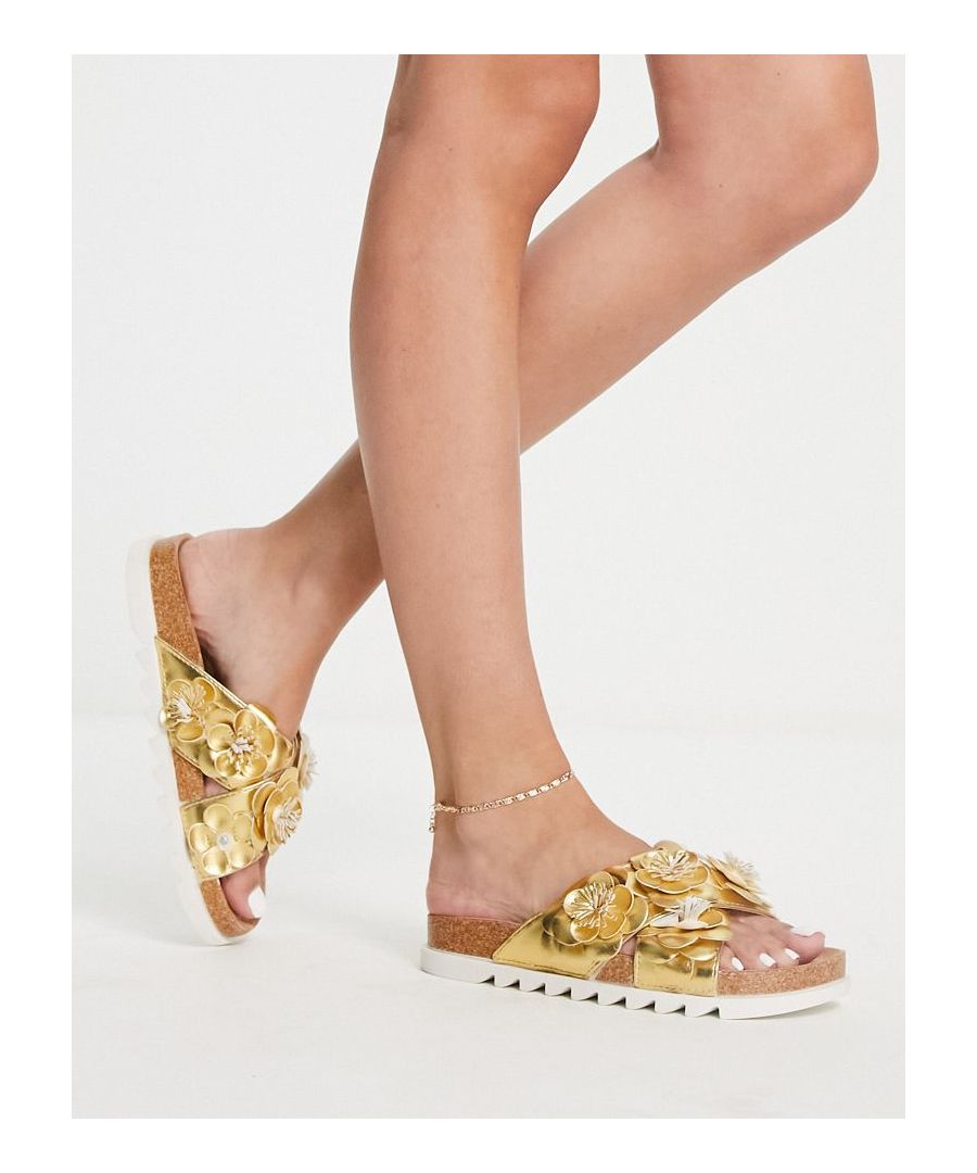 Sandals by ASOS DESIGN Free your feet Slip-on style Crossover straps Floral details Open toe Flat sole  Sold By: Asos