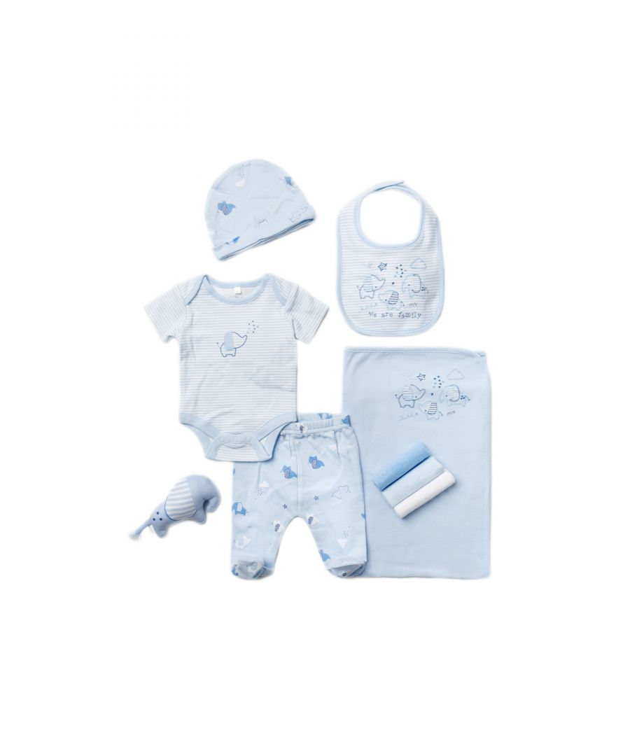 Rock a Bye Baby Boy's Elephant Print Cotton 10-Piece Baby Gift Set|Size: 0-3 m|blue