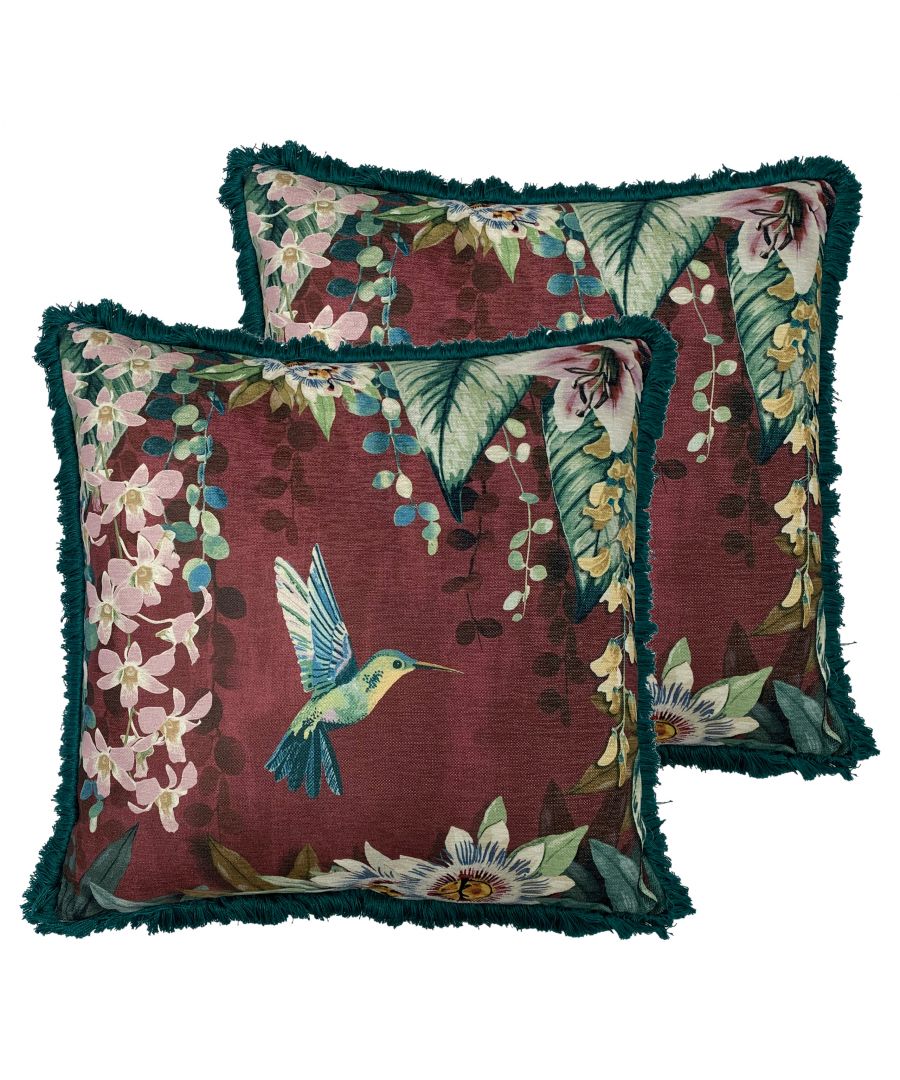 A tranquil and romantic design, the Hanging Garden cushion features delicate hummingbirds fluttering between cascading lily, orchid and passion flower. A soft and textural chenille front is paired with a stylish and beautifully silky fringed trim in a rich teal, complementing the opulent aubergine base colour of the exotic design.