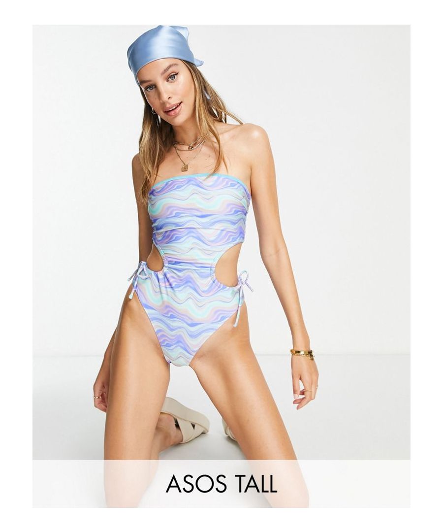 Tall swimsuit by ASOS DESIGN Just add water Bandeau neck Cut-out sides with tie detail High-leg style  Sold By: Asos