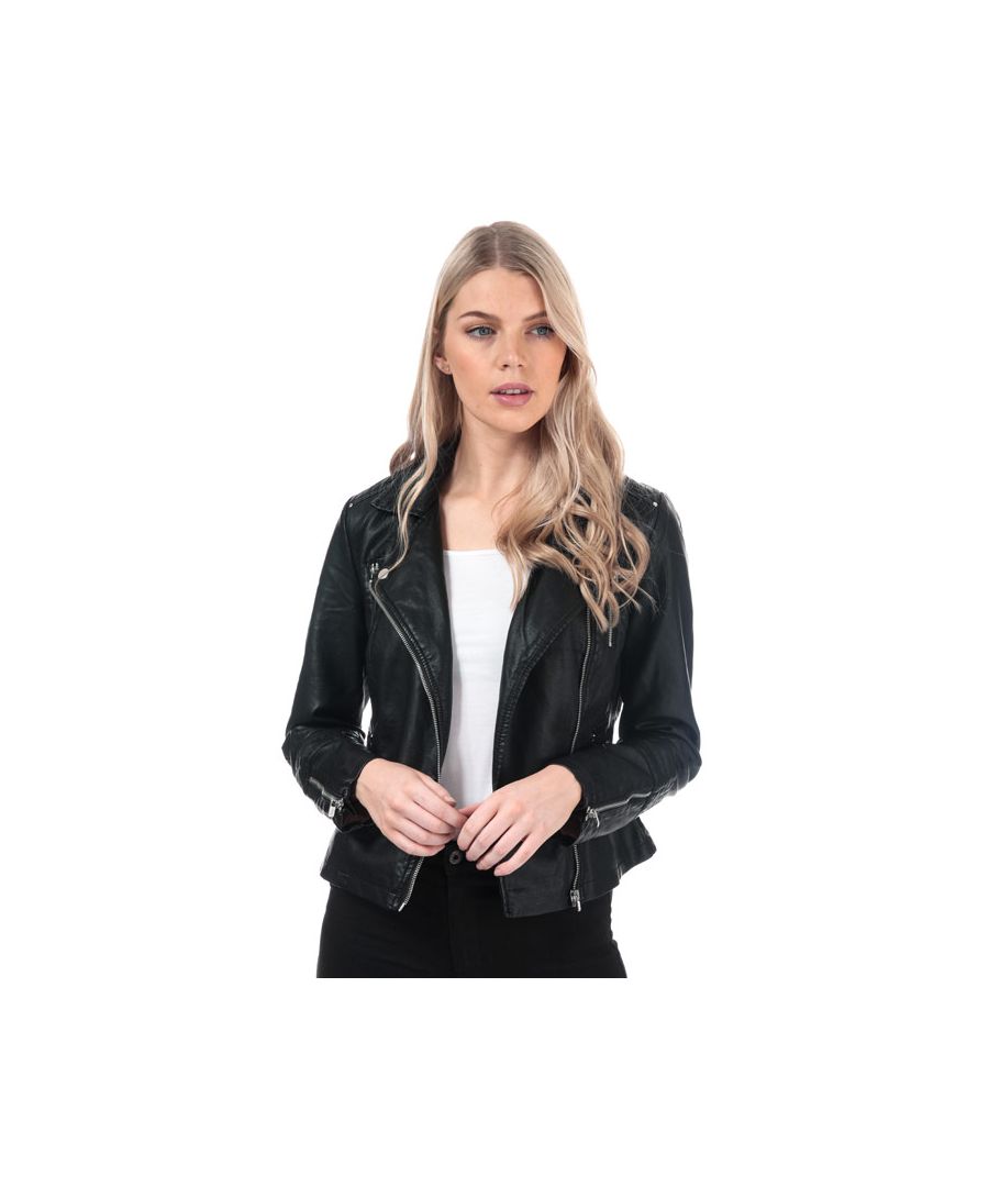 Womens Only Gemma Faux Leather Biker Jacket in black.- Classic collar with notch lapel.- Asymmetric zip fastening.- Snap fastening at lapels.- Stitch detail at shoulders and sleeves.- Zipped cuffs.- Zipped front pockets.- Mock zipped chest pockets.- Fully lined. - Measurement from shoulder to hem: 20in approximately. - Shell: 75% Viscose  25% Polyester.  Coating: Polyurethane.  Lining: 100% Polyester. Machine washable. - Ref: 15153079Measurements are intended for guidance only.
