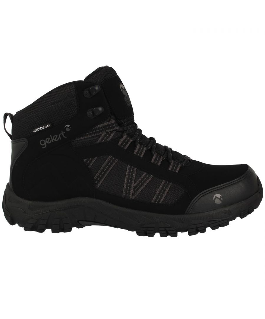 Gelert Horizon Waterproof Mid Mens Walking Boots - The Gelert Horizon Waterproof Mid Mens Walking Boots offer a comfortable fit thanks to a full waterproof upper with added mesh panels for breathability, finished with a Gelert moulded rubber sole unit for extra durability and support. These Mens Walking Boots have a full lace up front design for a more secure feel and the cushioned insole for maximum support.  > Mens walking boots > Laced > Cushioned insole > Waterproof design > Padded ankle > Waterproof > Gelert moulded outsole > Synthetic / textile upper, Textile inner, Rubber sole